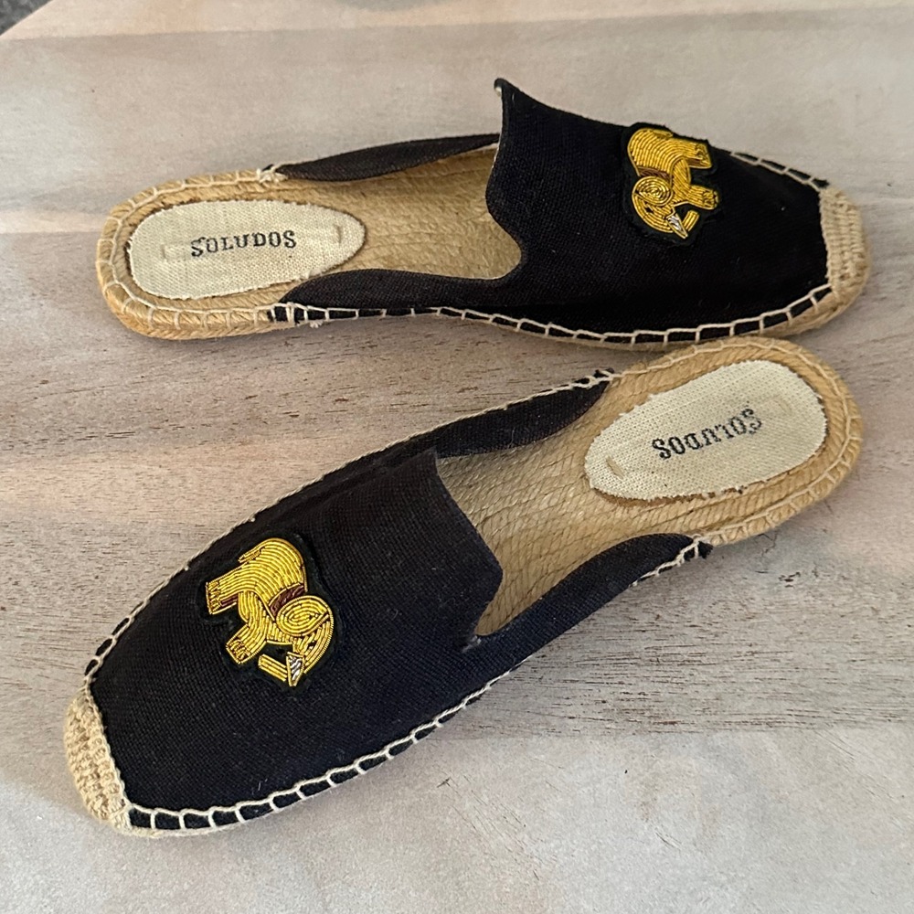 Soludos Black Elephant Mule Slides Gold Beaded Slip On Womens Size 8